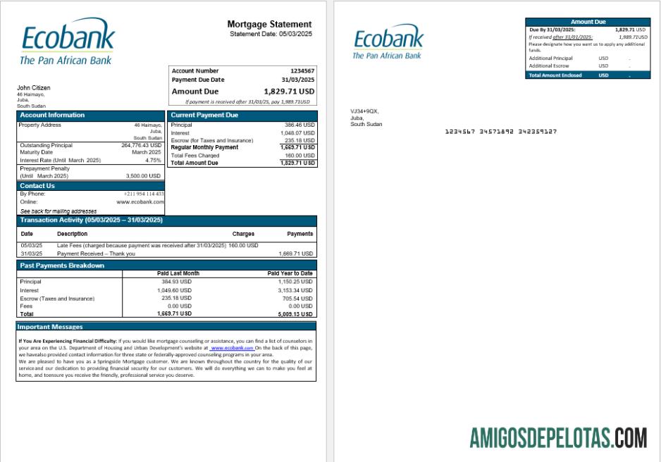 Extrato de hipoteca do Ecobank Bank do Sudão do Sul em formatos Word e PDF modelo